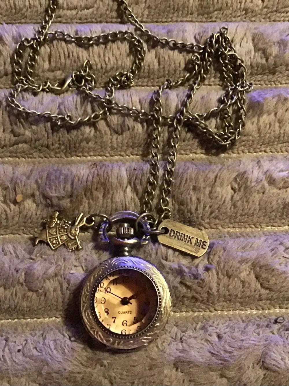 Vintage-Style Silver Pocket Watch Necklace with 'Drink Me' Charm